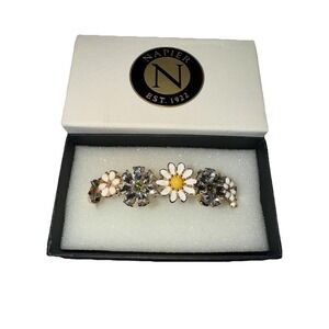 Napier Daisy Flower Bracelet Gold Tone Enamel w/ Rhinestones Signed In Box